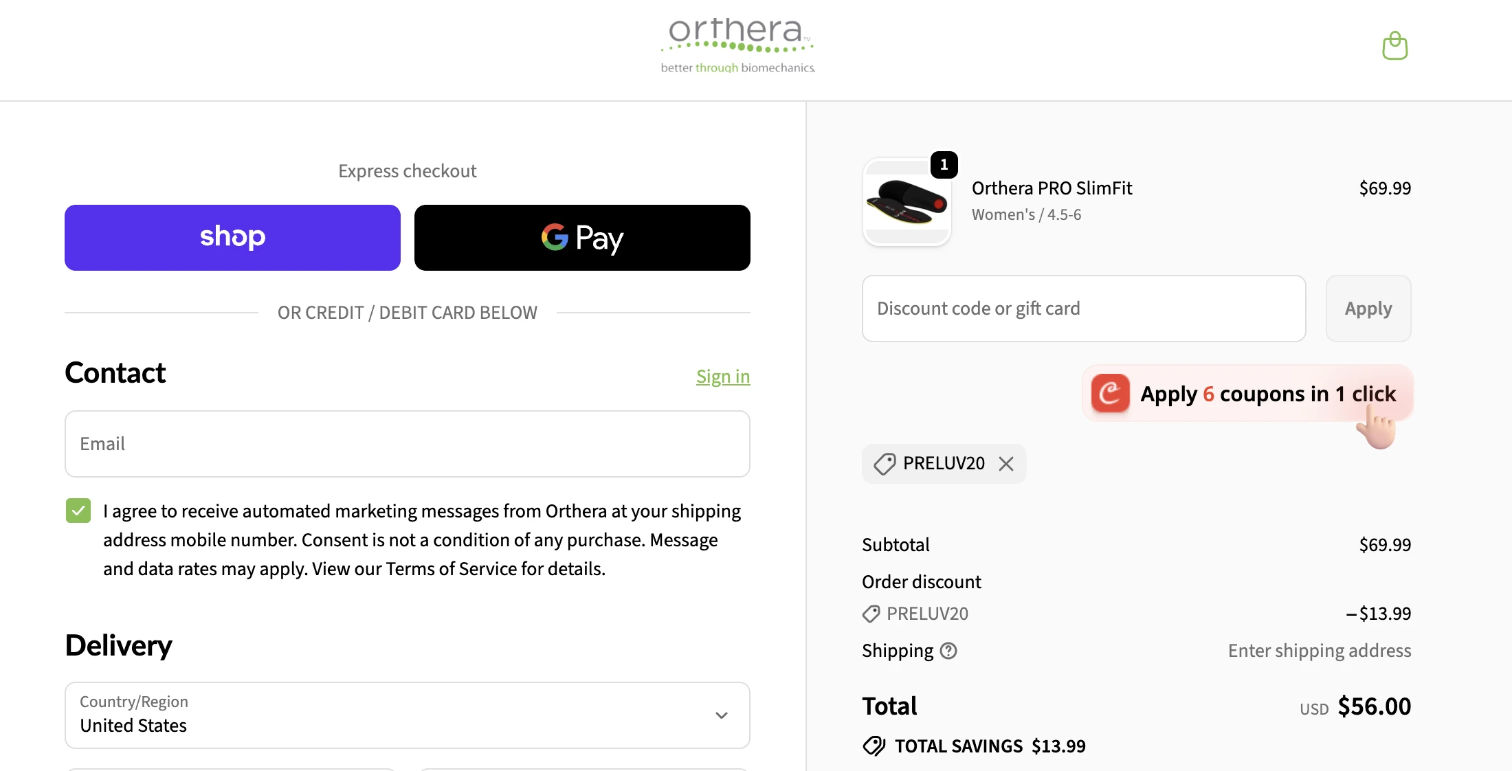Orthera promo code PRELUV20 verified Screenshot